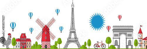 French culture illustration, Eiffel Tower, Arc de Triomphe, Moulin Rouge, Paris landmarks, hot air balloons, rooster, travel concept, vibrant cityscape art