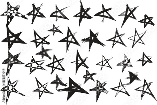Set of Hand-Drawn Grunge Star Vectors: Distressed Ink Texture Stars, Messy Sketch Starbursts, and Creative Decorative Graphic Elements