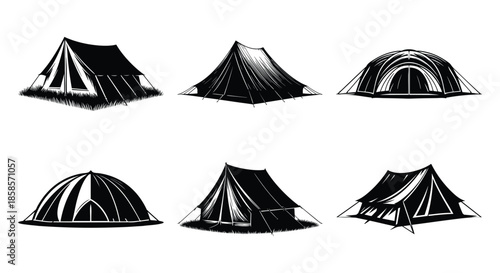 Collection of diverse camping tent illustrations representing various outdoor shelter styles for adventure and travel isolated on white background