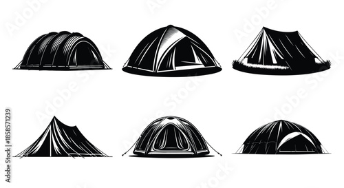 Collection of different camping tent designs perfect for outdoor adventure graphics silhouette vector illustration isolated on a white background