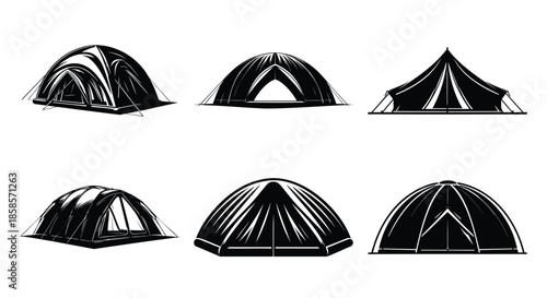 Collection of different camping tent designs perfect for outdoor adventure graphics silhouette vector illustration isolated on a white background