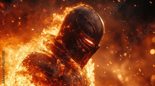 Forge of Fury - Burning Helmet - Fantasy knight helmet in flames - embers - smoke - wind - Copy space for text.