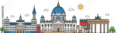 Berlin cityscape illustration, Brandenburg Gate, Berlin Cathedral, German architecture, cultural landmarks, historic and modern buildings, vibrant skyline, minimal background, travel concept art
