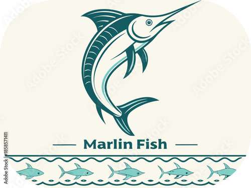 Stylized illustration of a marlin fish with decorative elements and text marine