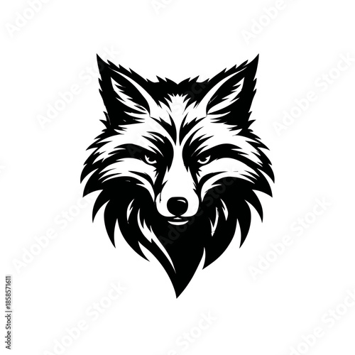 Bold monochrome illustration of a fox head with focused eyes for design