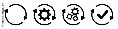 Four Iteration Process Black Icons on White Background Isolated Circle Gear Settings Cogwheel Checkmark