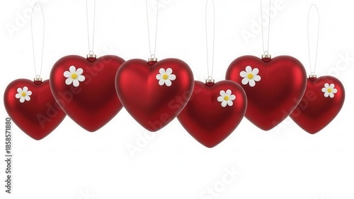 Red hearts with white flowers isolated on white background