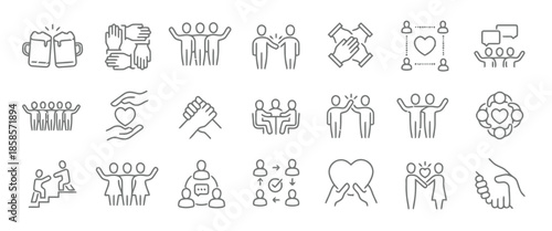 Friendship Teamwork Line Icons Set for Cooperation Partnership Meeting Support