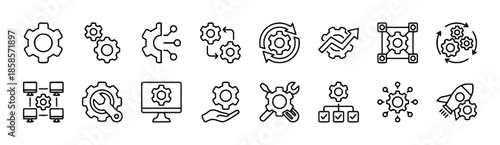 Gear and settings vector icon set in black line art style digital graphic collection representing technical support customization development process management solutions