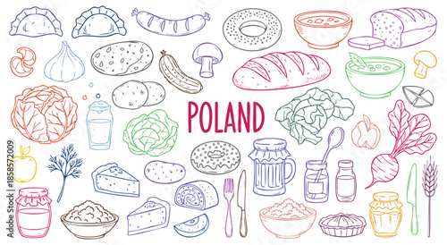 Poland Icon Set. Polish Cuisine. A hand drawn vector collection of pierogi, sausage, bread, soup, pickles and traditional items for a restaurant menu, travel guide, and cultural brochure.