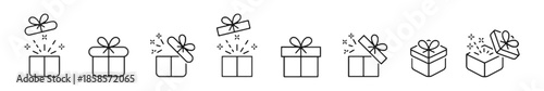 Gift box with sparkles linear icons set of present with ribbon and surprise isolated on white background vector illustration for birthday party holiday christmas and celebration
