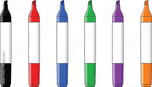 A colorful collection of six double ended marker pens arranged in a row
