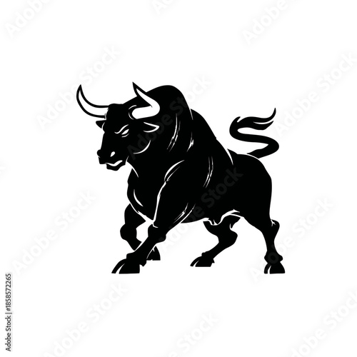 Bold silhouette of a powerful bull isolated on white background