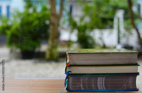 Three books on a wooden table with a garden background. International Education Day