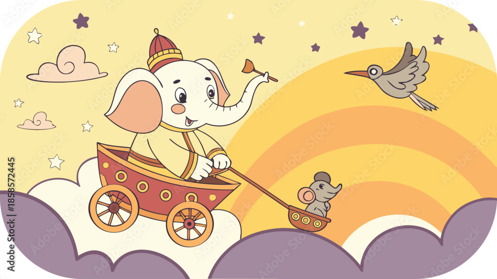 Fototapeta premium Whimsical Cartoon Elephant Pulling a Cart with a Mouse in a Dreamy Sky fantasy