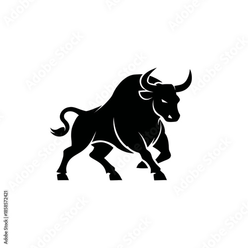 Bold silhouette of a powerful bull with horns on a white background