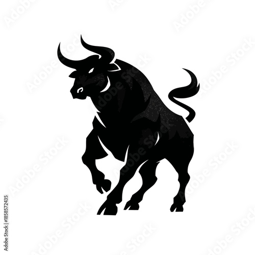 Bold silhouette of a powerful bull with curving horns on white background