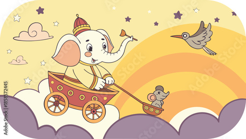 Whimsical Cartoon Elephant Pulling a Cart with a Mouse in a Dreamy Sky fantasy
