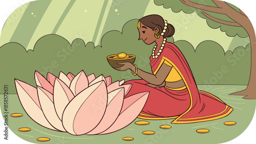 Woman in Traditional Indian Attire Holding Bowl of Gold Coins by Lotus Indian woman sari