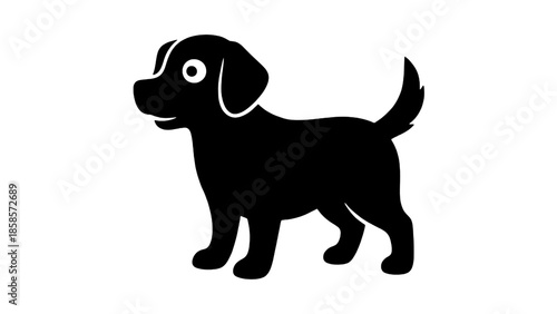 Minimalist black silhouette of a cute puppy standing in profile view. Dog icon isolated on a transparent background. 