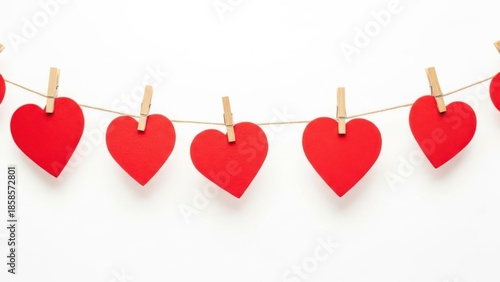Red hearts hanging on string, isolated on white background