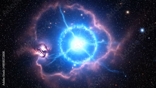 A vibrant cosmic explosion in deep space, surrounded by swirling nebulae and distant stars