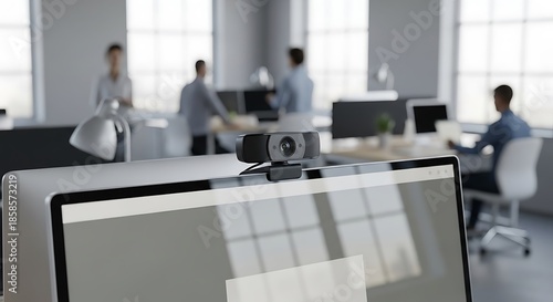 Office meeting with computer camera