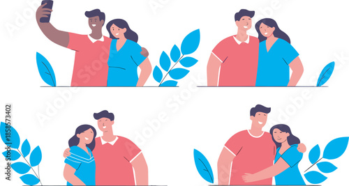 Happy couple taking selfie and hugging in flat lifestyle illustration
