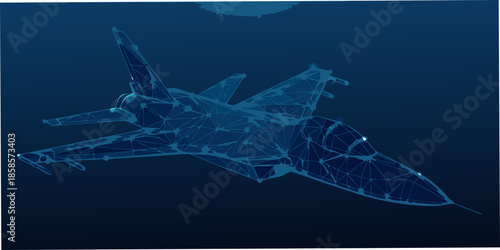 Blueprint of a modern fighter jet rendered in a dynamic polygonal style