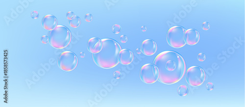 Fizzing air and water pink blue bubbles on light background with fizzy sparkles.