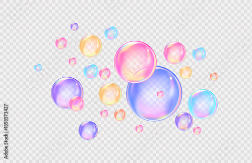 Fizzing  air and water colored bubbles on transparent background.