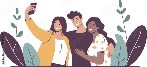 Diverse friends taking selfie together in flat lifestyle vector illustration