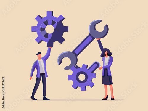 Teamwork and mechanical engineering people interacting with gears and tools