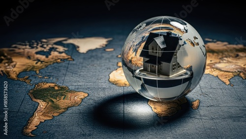 Miniature house encased in a glass globe, resting on a world map, symbolizing global real estate