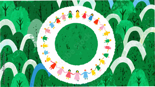 Children holding hands in a circle surrounded by stylized green trees