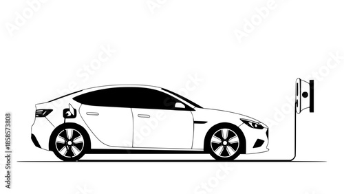 Electric car vector illustration, modern flat design, eco friendly concept, electric vehicle charging at home, clean lines, minimal background, soft colors, renewable energy theme