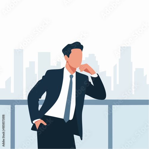 Confident businessman standing in front of city skyline