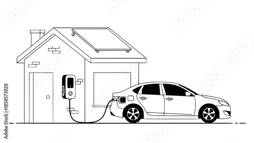 Electric car vector illustration, modern flat design, eco friendly concept, electric vehicle charging at home, clean lines, minimal background, soft colors, renewable energy theme
