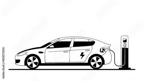 Electric car vector illustration, modern flat design, eco friendly concept, electric vehicle charging at home, clean lines, minimal background, soft colors, renewable energy theme