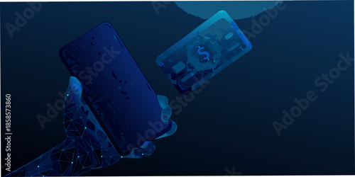 Digital hand holding a credit card amidst a fragmented blue data stream