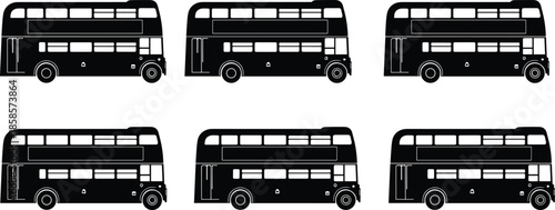 Silhouette set of double decker bus icons in black color isolated on white background, transport cad drawing flat vector illustration for city travel
