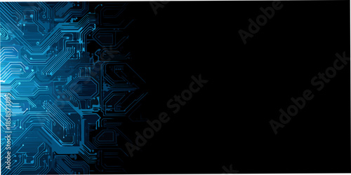 Abstract futuristic circuit board design with glowing blue lines on black background