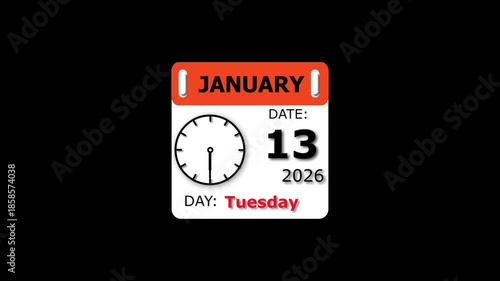 Date and day animation. 13 January month Tuesday visual. 2026 calendar and creating a stunning video. 4k video.