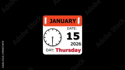Date and day animation. 15 January month Thursday visual. 2026 calendar and creating a stunning video. 4k video.