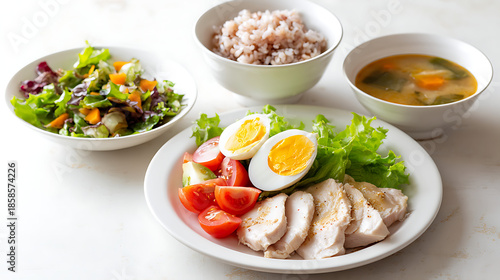 Healthy Japanese Set Meal with Chicken Breast, Salad and Brown Rice / 鶏むね肉とサラダ、雑穀米の健康的な定食