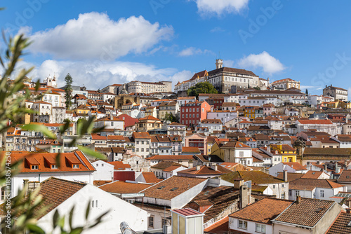 Aerial panorama of Coimbra medieval city on a sunny spring day