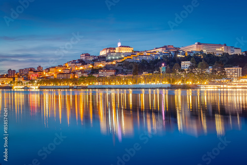 Panoramic view of illuminated Coimbra at night, Portugal