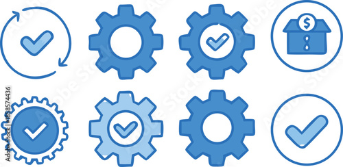Blue Settings Gear and Verification Checkmark Icon Set for UI Design