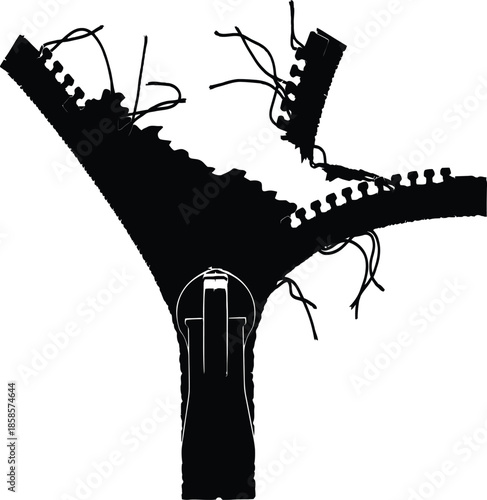 Broken zipper with torn fabric and loose threads representing failure of fashion or relationship breakdown