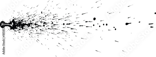 Black ink spray paint splatter and messy droplets on transparent background